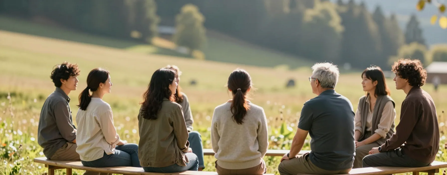 Kleine Gruppe sitzt im Kreis auf einer sonnigen Wiese — KI-generierte Szene, die gezeigten Personen existieren nicht